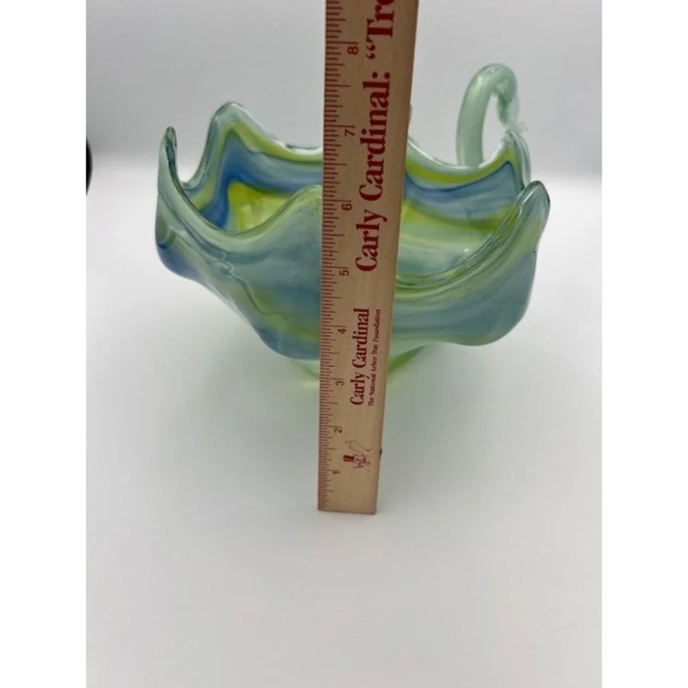 Vintage Art Glass Swan Bowl Blue Green Yellow Swirl Ruffled Edge Centerpiece